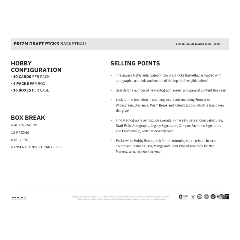 2024/25 Panini Prizm Draft Picks Collegiate Basketball Hobby Box